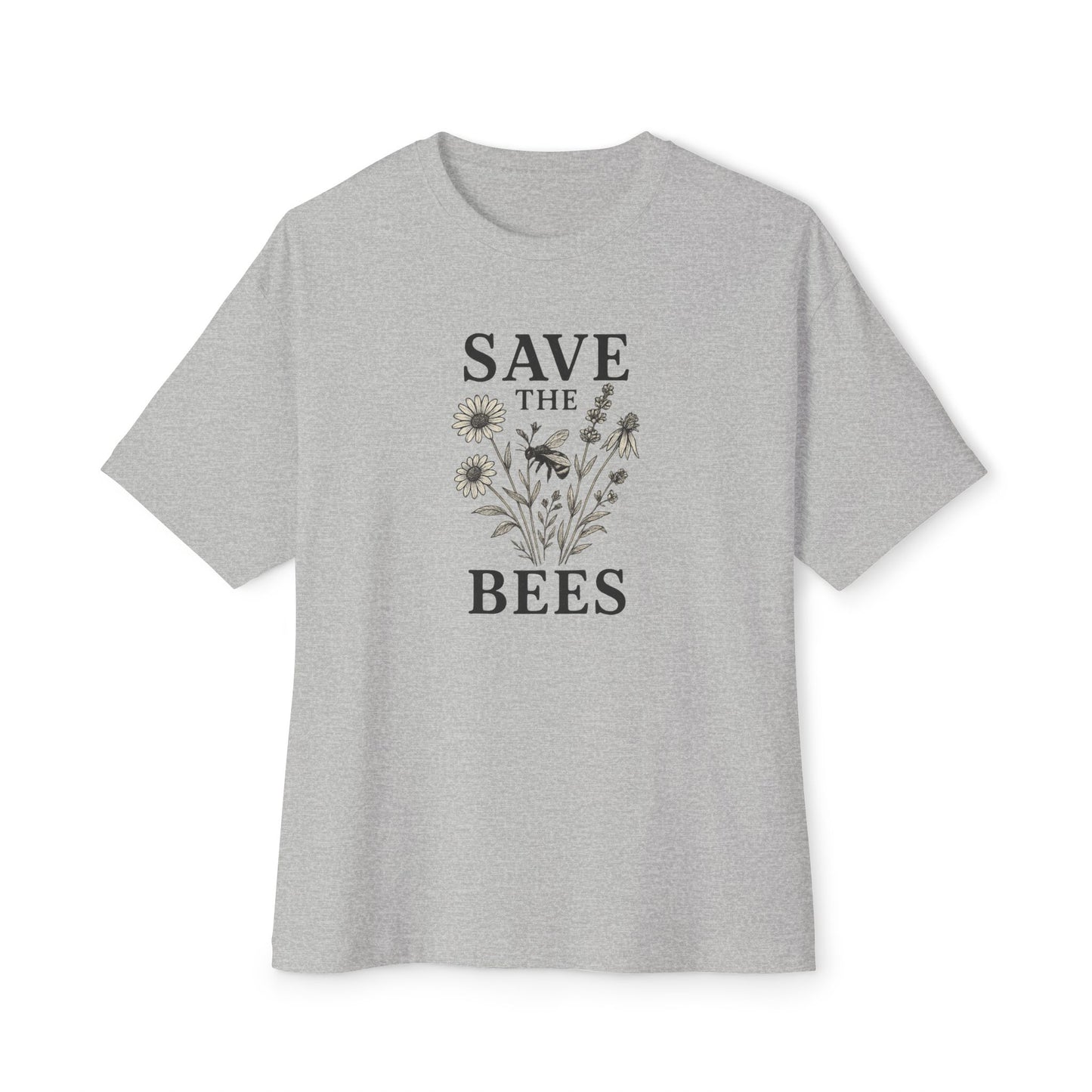 Eco-Friendly Oversized 'Save the Bees' – Monochrome Wildflower Illustration T-Shirt
