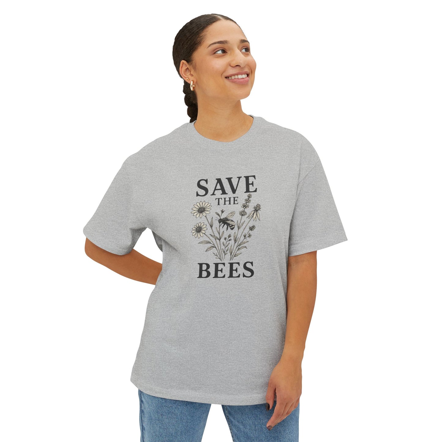 Eco-Friendly Oversized 'Save the Bees' – Monochrome Wildflower Illustration T-Shirt