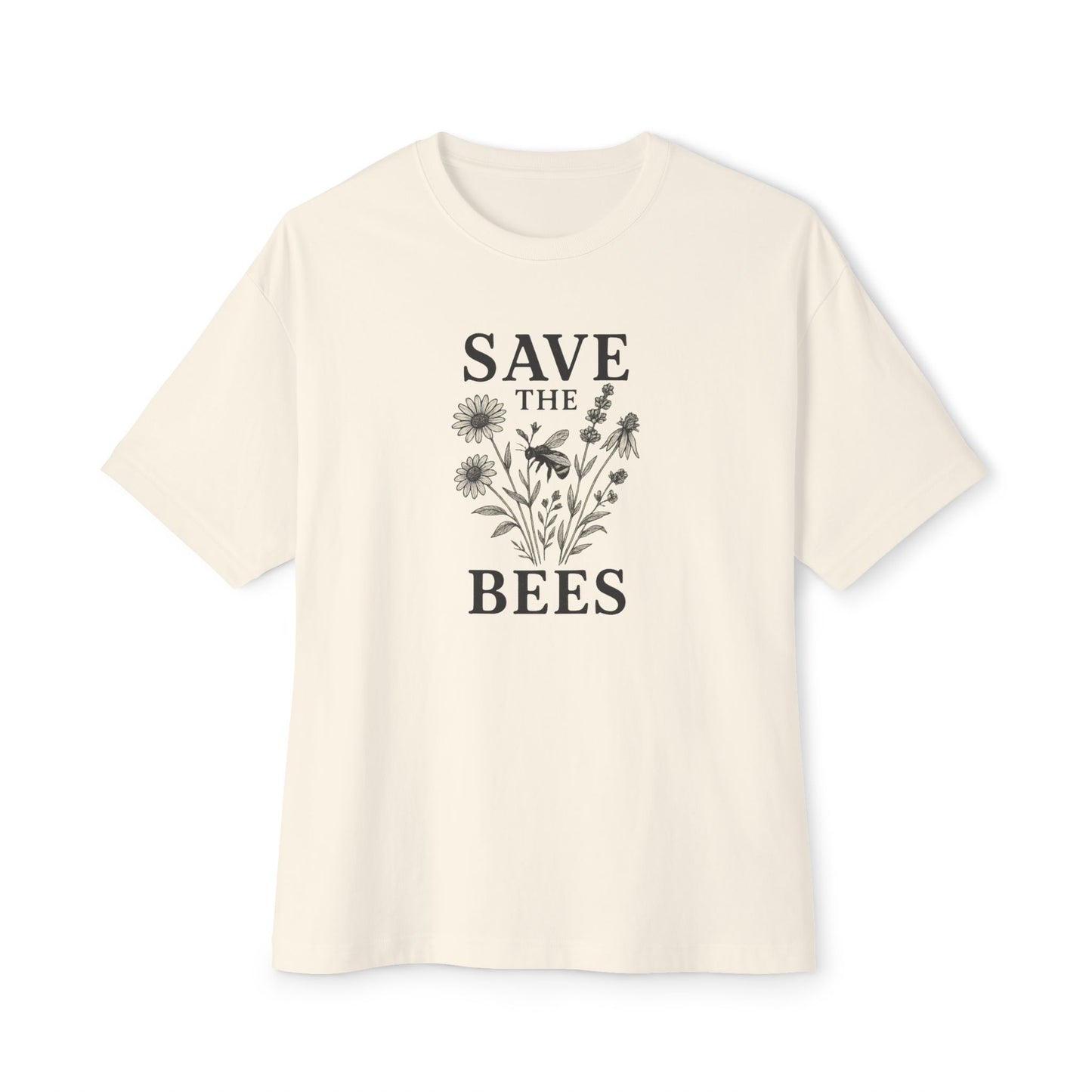 Eco-Friendly Oversized 'Save the Bees' – Monochrome Wildflower Illustration T-Shirt
