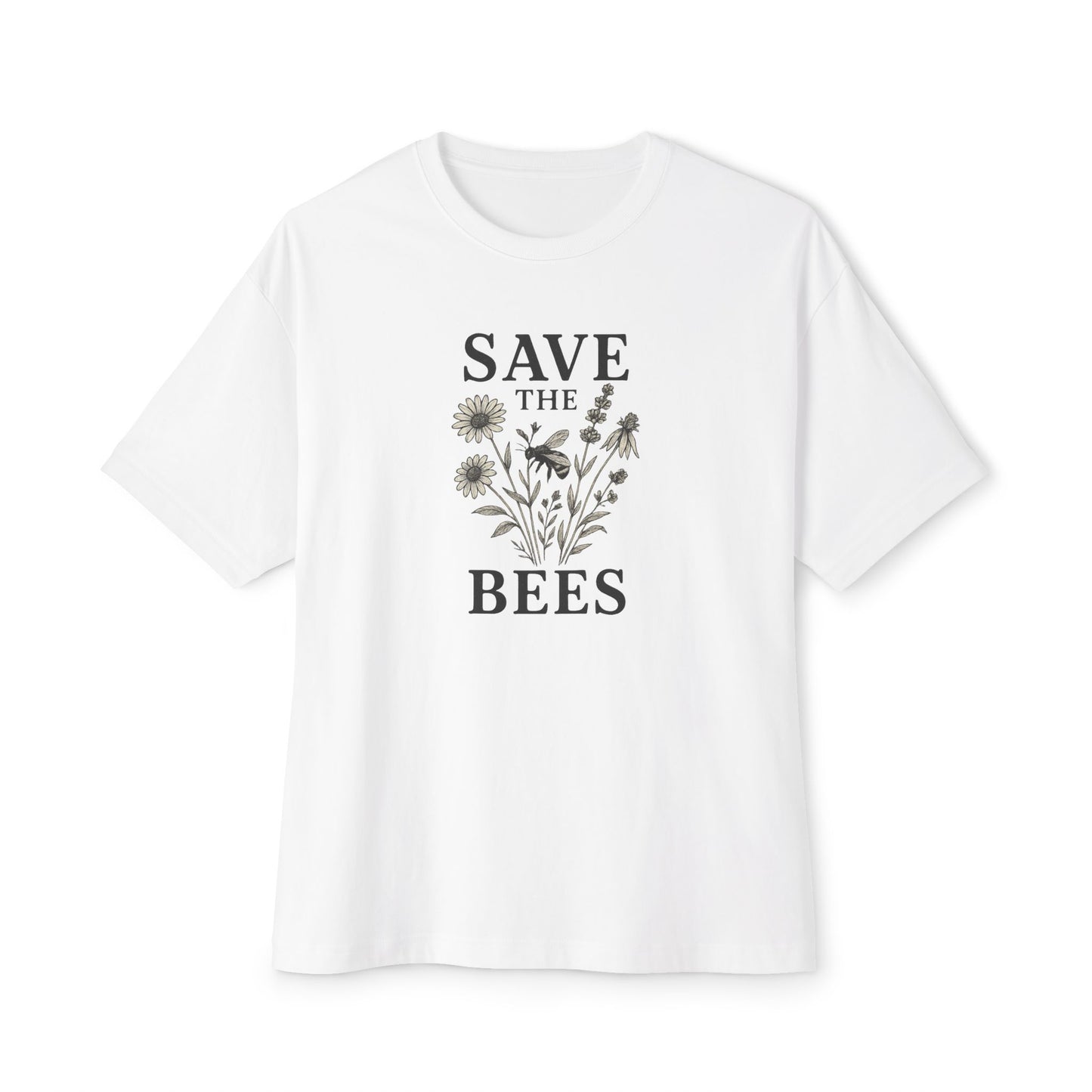 Eco-Friendly Oversized 'Save the Bees' – Monochrome Wildflower Illustration T-Shirt