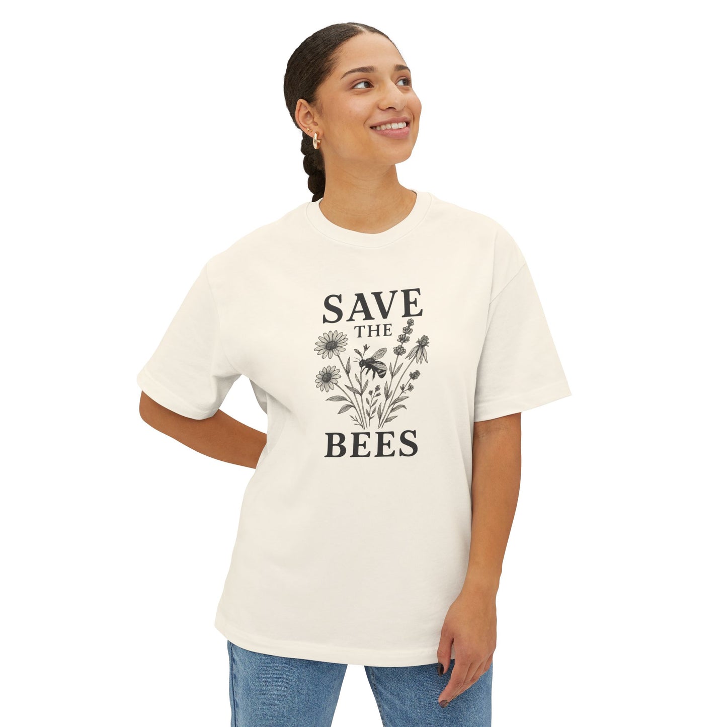 Eco-Friendly Oversized 'Save the Bees' – Monochrome Wildflower Illustration T-Shirt