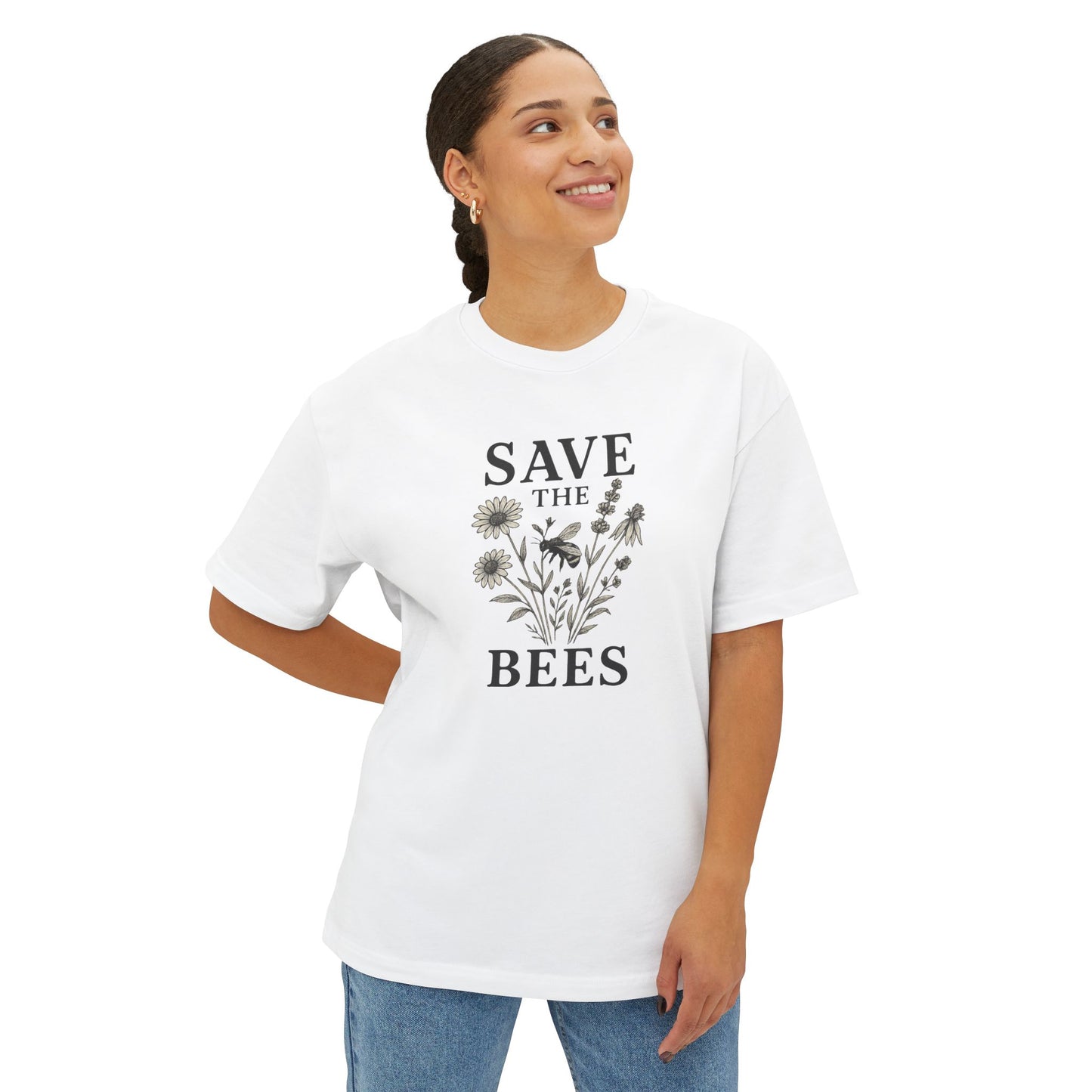 Eco-Friendly Oversized 'Save the Bees' – Monochrome Wildflower Illustration T-Shirt